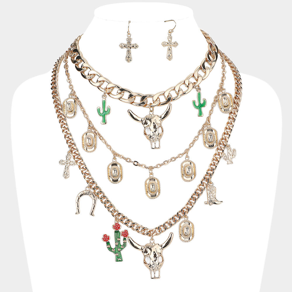 3PCS - Enamel Cactus Western Steer Head Horseshoe Cross Cowboy Boot Charm Station Chain Necklaces