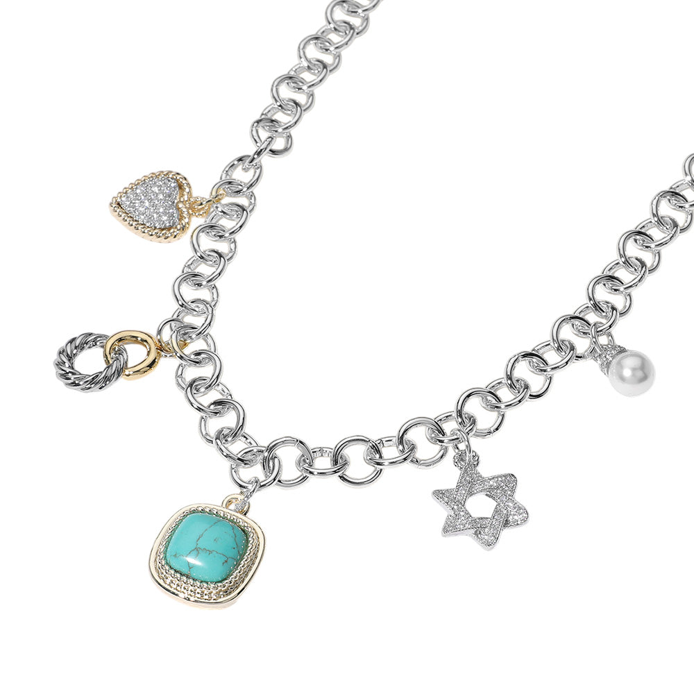 CZ Stone Paved Heart Jewish Star Pearl Western Turquoise Stone Cluster Charm Station Necklace