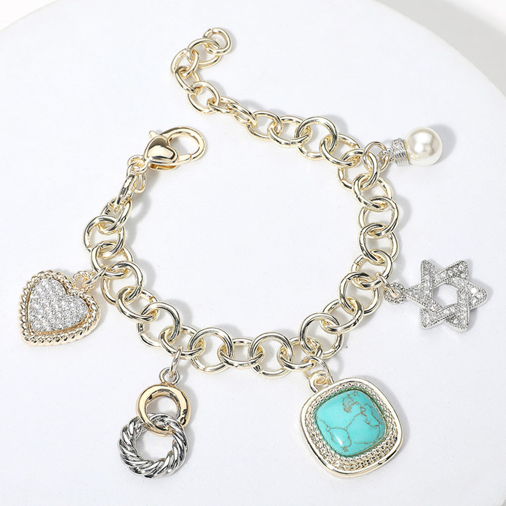 14K Gold Plated CZ Stone Paved Heart Jewish Star Pearl Western Turquoise Stone Cluster Charm Station Bracelet