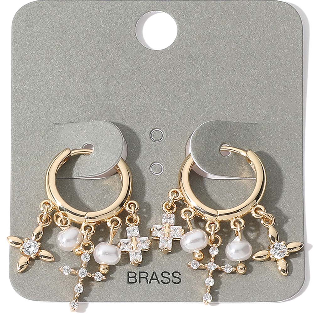 Stone Embellished Cross Pearl Charm Dangle Huggie Hoop Earrings