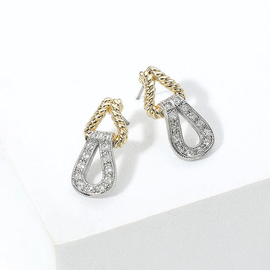 14K Gold Plated Two Tone CZ Stone Paved Mini Doorknocker Earrings