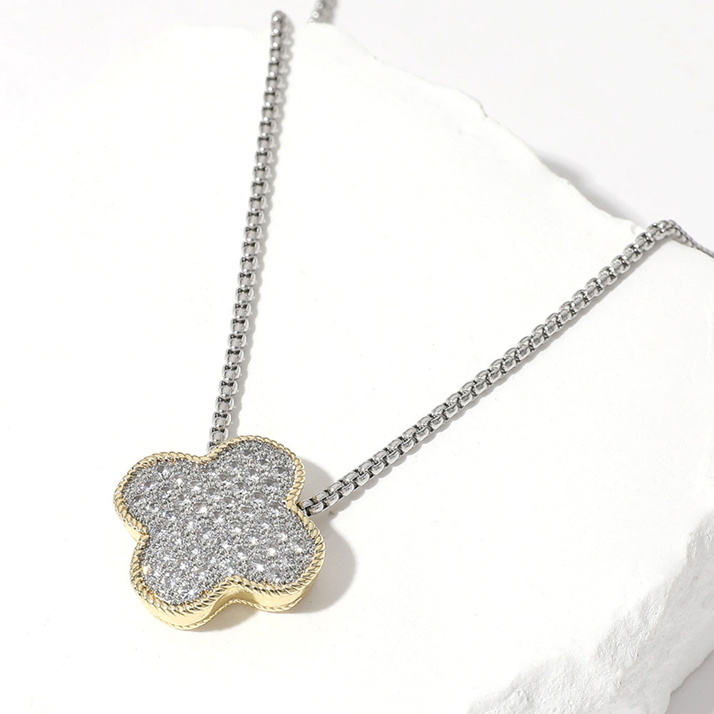 14K Gold Plated CZ Stone Paved Quatrefoil Pendant Necklace