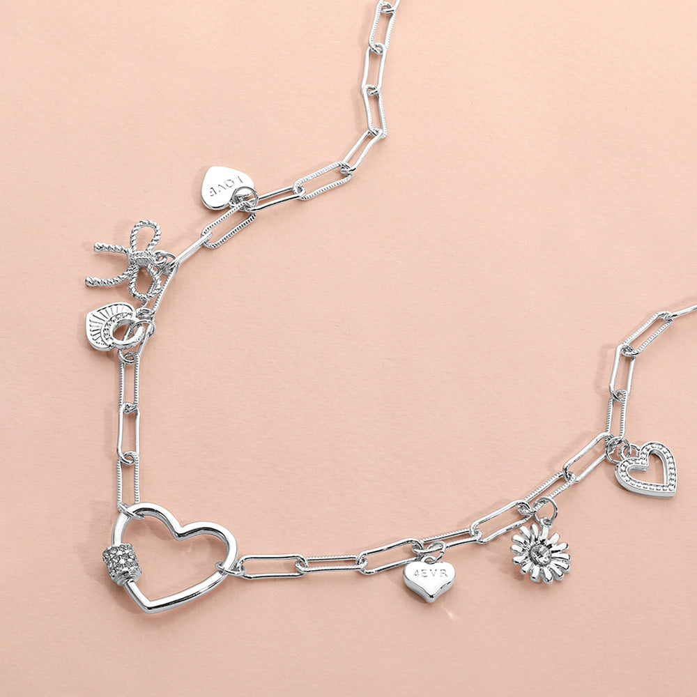 Heart Lock Bow Heart Flower Charm Station Paperclip Chain Necklace