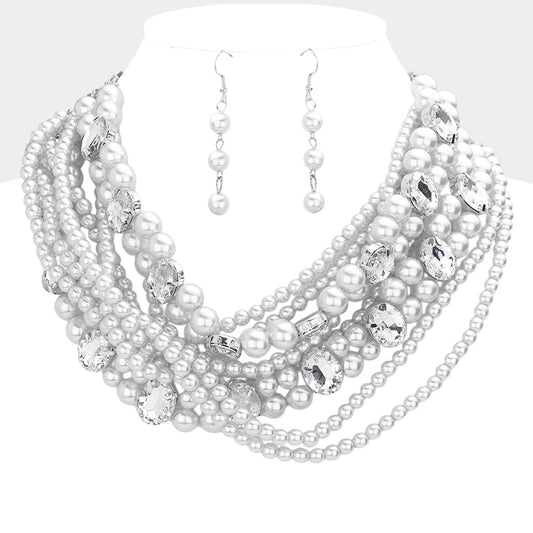 Oval Stone Pointed Multi Layered Pearl Choker Necklace (White)